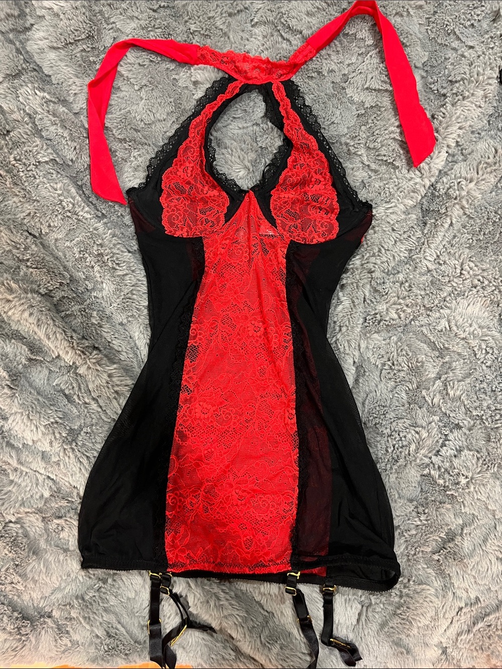 La Vie En Rose Red and Black Lace Halter Chemise with Garters